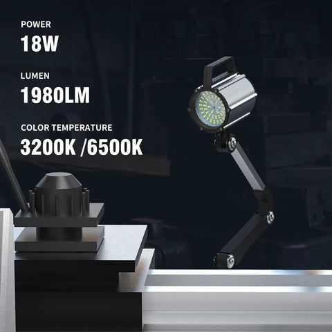 Adjustable Long Arm LED Work Light For Lathes And Drill Presses, Dual Color Warm And Cool White, 25W 2500 Lumens Machine Lamp