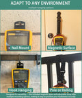 Magnetic Hanging Strap For Fluke Multimeters That Make Your Day On The Job Site And In The Workshop Fits Models 115 116 117 175 177 179 15B Plus 17B Plus 18B Plus 87V 287 289 And More Secure Hands Free Meter Accessory For Busy Techs shown in use on various surfaces.