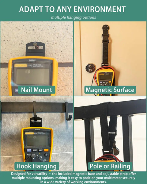 Magnetic Hanging Strap For Fluke Multimeters That Make Your Day On The Job Site And In The Workshop Fits Models 115 116 117 175 177 179 15B Plus 17B Plus 18B Plus 87V 287 289 And More Secure Hands Free Meter Accessory For Busy Techs shown in use on various surfaces.