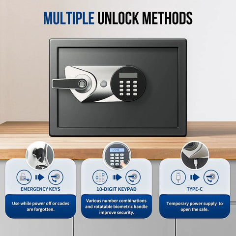 Front view of Home Biometric Safe 1.0 Cub With Fingerprint Access, 10-Digit Keypad, LCD Screen, and Hidden Dual Alarm features visible.
