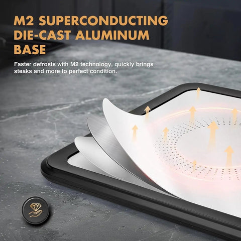 Quick Thaw Electric Defrost Tray For Steaks Chicken Fish And Shrimp Featuring Smart Timer Rechargeable Battery And Rapid Heating Tech close-up of M2 die-cast aluminum base