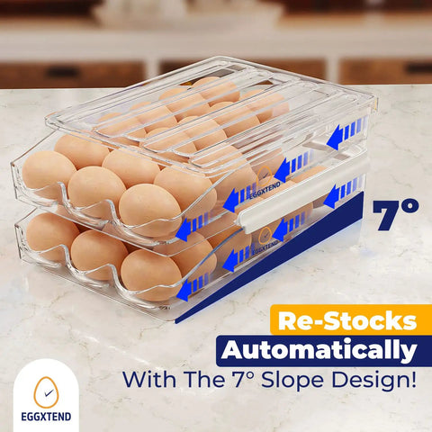 Large Capacity 36 Egg Fridge Organizer With 2 Layer Stackable Tray And Rolling Storage Anti Slip Egg Container For Kitchen Keeps Eggs Fresh Easy Access Space Saving Design, showing two layers with eggs on a 7° slope.