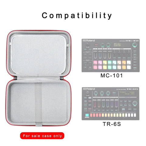 Open view of Hard Carrying Case For MC-101 And TR-6S Compact Music Production Station, Black Case Only, showing compatibility.