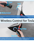Wireless control instructions for Tesla EV charger showing press and pull steps with charger connection handle.