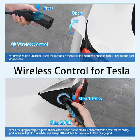 Wireless control instructions for Tesla EV charger showing press and pull steps with charger connection handle.