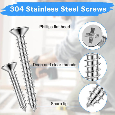 Wood Screws Assortment Kit 220 Pcs 304 Stainless Steel Phillips Flat Head Wood Screws Set Seven Sizes From Two Inches To Half Inch Durable DIY Grade Screws Pack For Cabinets Decks And Woodworking