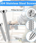 Close-up of 304 stainless steel Phillips flat head screws with detailed view of threads and tips for Ultimate Wood Screws Assortment Kit 220 Pcs.