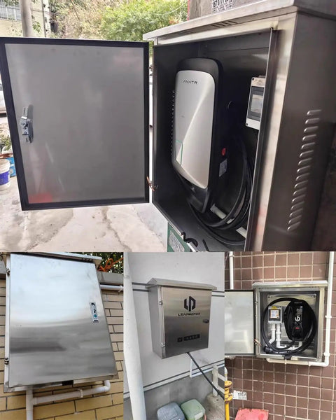 Heavy Duty Wall Mounted EV Charger Enclosure with Lock and Key, All Weather Stainless Steel Protector for Tesla Compatible Stations, Secure Charging Hub with Viewing Window, Zero Hassle Outdoor Installation and Rock Solid Durability, shown with door open and charger inside.
