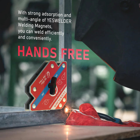 YESWELDER two-piece switchable arrow welding magnets with red body and blue detail, 66-110 lb pull