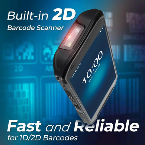 Android 13 Handheld Barcode Scanner With 5.5 Inch Touch Screen, 6GB RAM 64GB Storage, shown from an angle with 2D scanner