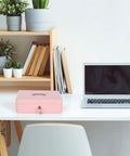 Pink Cash Box With Money Tray And Key Lock For Cash Till, Secure Locking Safe Box With Two-Tier Coin Tray And Ample Storage on desk