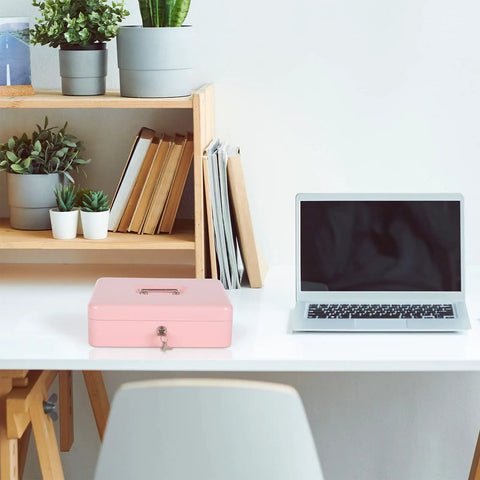 Pink Cash Box With Money Tray And Key Lock For Cash Till, Secure Locking Safe Box With Two-Tier Coin Tray And Ample Storage on desk