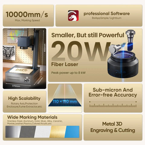 Infographic showcasing 20W Fiber Laser Engraver With Rotary Axis LightBurn Compatible Metal Marking Machine Workhorse features and materials.