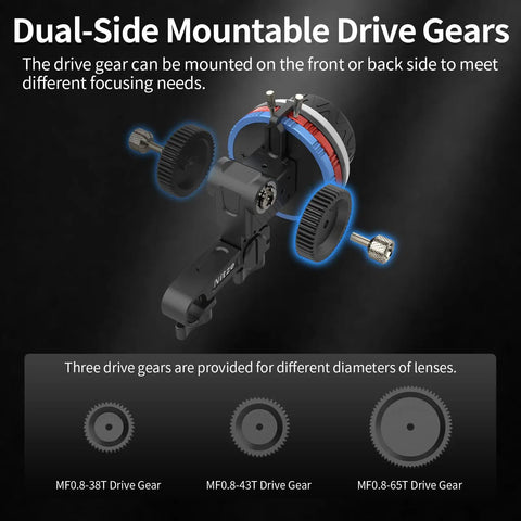Super Smooth Mini Follow Focus Wheel With 15mm Rod Rack And Clamp, Reversible Drive Gears, 360 Infinity Zoom close-up of dual-side mountable drive gears