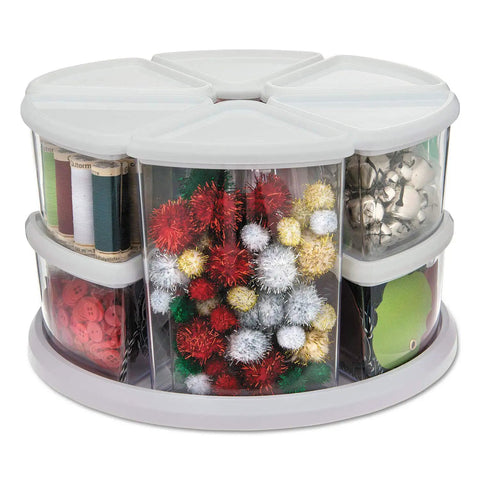Rotating Craft Organizer Carousel With Nine Removable Canisters And Clear Lids, Grab And Go Access, showcasing craft supplies.