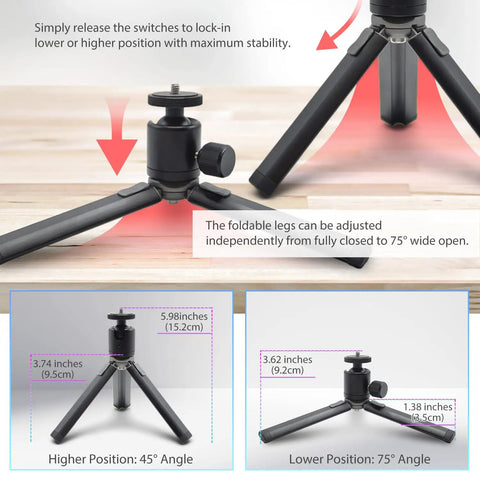 Metal Portable Monitor Stand Tripod With 360 Degree Ball Head showing adjustable foldable legs and two position angles.