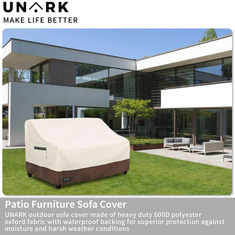 Outdoor Two Seater Loveseat Cover Waterproof Beefed Up Heavy Duty Patio Sofa Cover 58W x 33D x 32H Inches Beige And Brown Shield