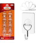 Heavy Duty Adhesive Hooks Up To 11 Lbs Seamless Clear Wall Hangers Without Nails 8 Pack showing hooks, packaging, and one attached to wall