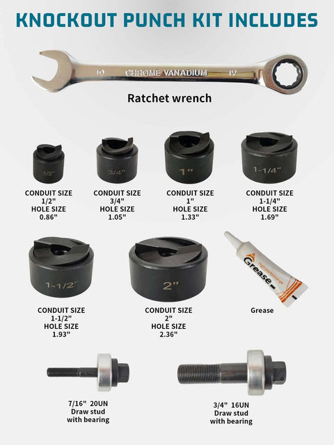Manual Knockout Hole Punch Driver Kit For Conduit 1/2 Inch To 2 Inch Holes with wrenches, punches, dies, and accessories displayed.