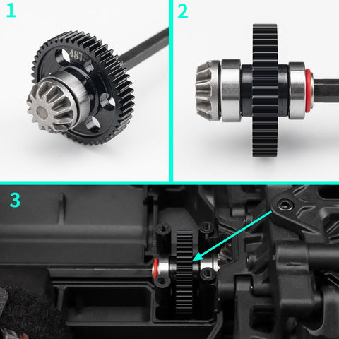 Steel Main Gear 0.5M 44T 48T RC Spur Gear for Arrma 1/18 Granite installation and close-up details.