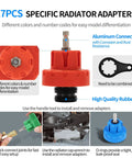 17 specific radiator adapters in various colors for Grease Monkey Approved 30 Piece Coolant Pressure Testing Kit, durable and easy to use.
