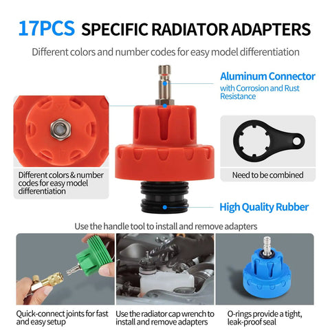 17 piece radiator adapters in different colors with aluminum connectors for the Heavy Duty 31 Piece Coolant Pressure Tester Kit.