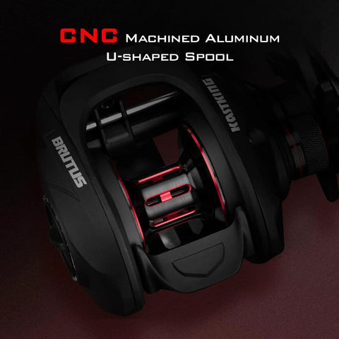 Close-up of Brutus Baitcasting Fishing Reel highlighting CNC aluminum U-shaped spool, part of graphite frame design.