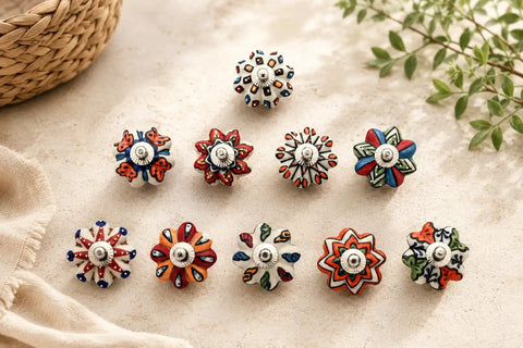 Set Of Ten Totally Rad Vintage Ceramic Drawer Pulls And Cupboard Cabinet Door Knobs Featuring Super Sleek Multicolor Designs Plus Rock Solid Chrome Hardware on a surface.