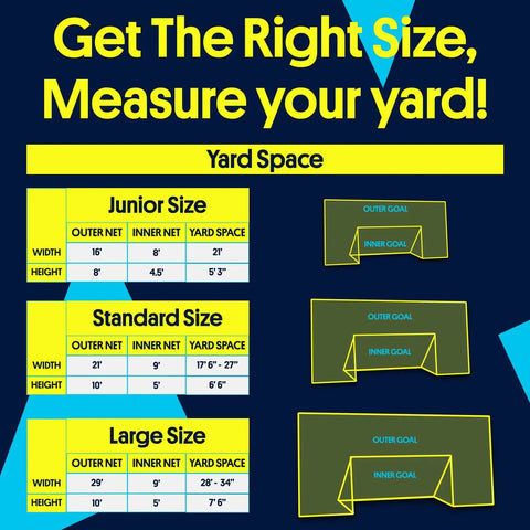 Size chart for Backyard 3-In-1 Soccer Goal With Rebounder And Backstop Net For Solo Training And Team Practice.