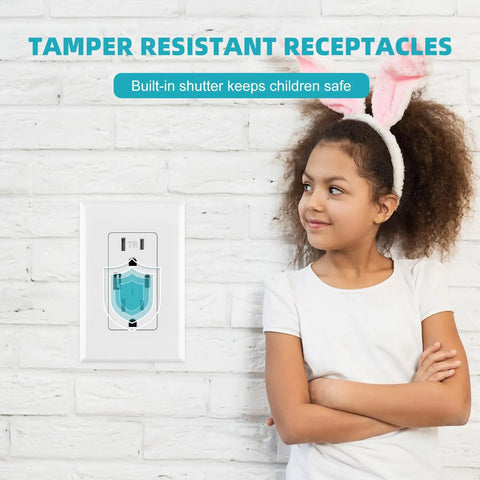 Plug And Play USB Outlet With Type C And Type A Dual Fast Charging Receptacle, tamper resistant, wall socket, child safety feature