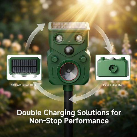 Solar Motion Sensor Ultrasonic Deer Repellent 2 Pack With LED Lights Waterproof Outdoor Wildlife Deterrent, solar and USB charging