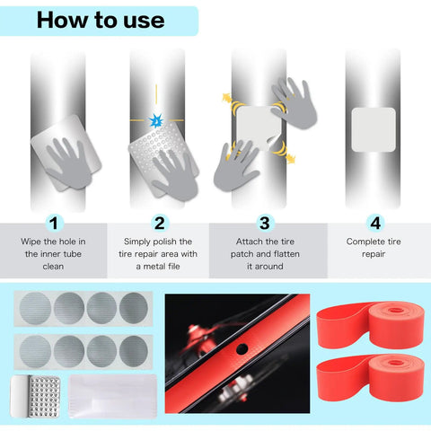 Image showing repair kit instructions and components for Two Pack 700x35C Foldable Road Bike Tires With Inner Tubes, Repair Kit, Rim Strips.