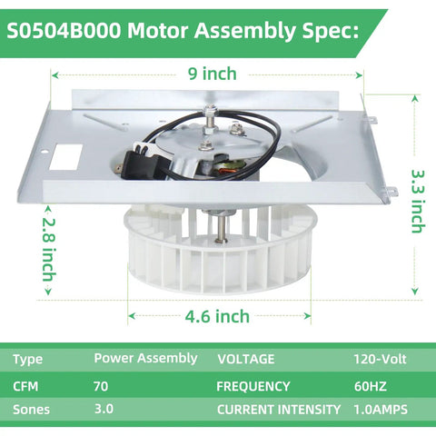 Replacement 769RL B Unit Motor Assembly S0504B000 Power Module with dimensions for NuTone Bathroom Exhaust Fan models 769RL and 757