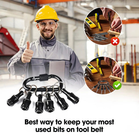 One Quarter Inch Hex Shank Bit Holder Extension Bar Keychain Screw Adapter displayed with worker holding thumbs up in workshop