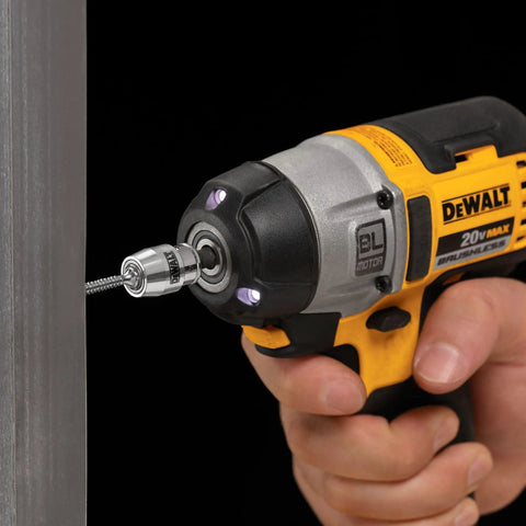FlexTorq Magnetic Bit Holder For Impact Tools, 2 Inch Length, Impact Ready Bits attached to drill in use