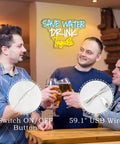 People toasting in bar with a 'Save Water Drink Tequila' neon sign; focus on switch button and 59.1" USB wire details.