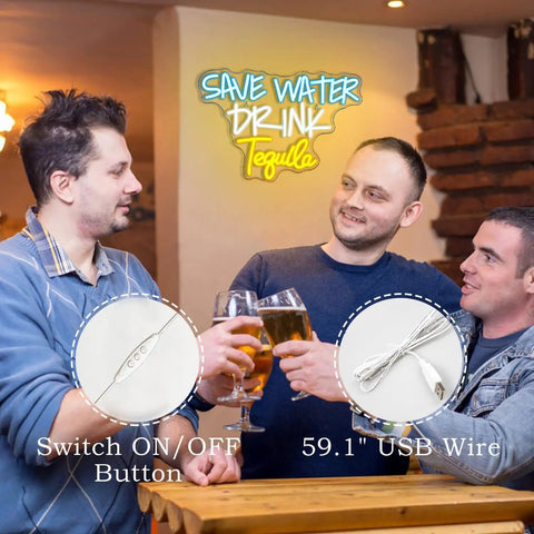 People toasting in bar with a 'Save Water Drink Tequila' neon sign; focus on switch button and 59.1" USB wire details.