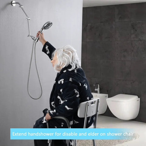 Elderly person using 16 Inch Shower Arm Extension Solid Brass Adjustable Height With Universal G1/2 Connection in bathroom.