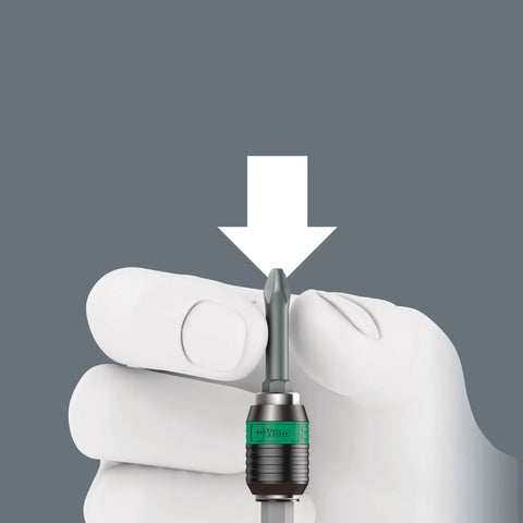 Close-up of hand holding a bit from the Kraftform Countersink Bit Set With Rapidaptor Quick Release Chuck Eight Piece