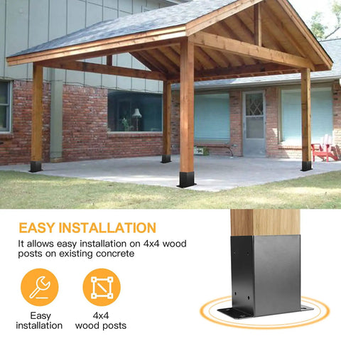 Outdoor gazebo using Heavy Duty 4x4 Deck Post Bases Set of 4, 3.6x3.6 Inch Inner Posts, Black Powder Coated Steel, bolt down brackets.