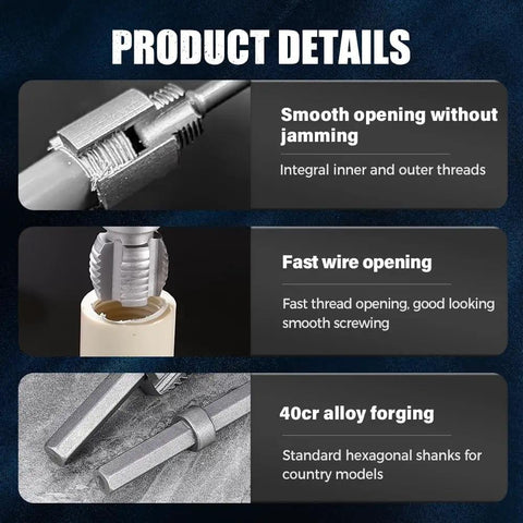 Detailed view of Dual Function Pipe Thread Cutting Tool For 1/2 And 3/4 Inch Water PVC Pipes Electric Drill Compatible integrated threading features.