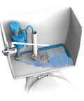 Water Saving Toilet Fill Valve Repair Kit with Built In Mini Valve and Leak Alert inside toilet tank with water flow.