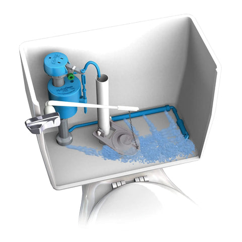 Water Saving Toilet Fill Valve Repair Kit with Built In Mini Valve and Leak Alert inside toilet tank with water flow.