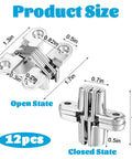 Twelve Pack Hidden Hinges For Cabinet Doors Stainless Steel Durable Hidden Hinges One And Three Quarters Inch 180 Degree Invisible Hinge Cross Concealed Hinges For Cabinets Folding Doors And Cupboards shown in open and closed states with dimensions