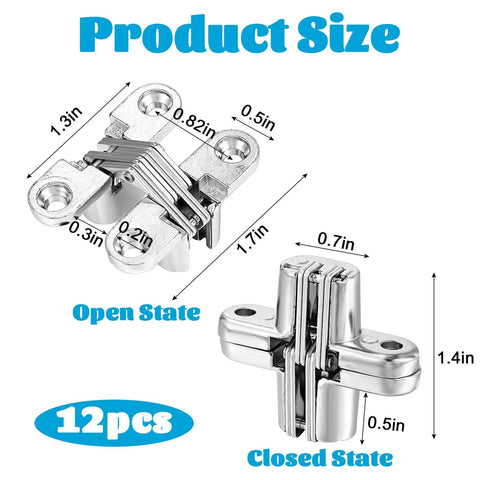 Twelve Pack Hidden Hinges For Cabinet Doors Stainless Steel Durable Hidden Hinges One And Three Quarters Inch 180 Degree Invisible Hinge Cross Concealed Hinges For Cabinets Folding Doors And Cupboards shown in open and closed states with dimensions