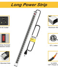24 Outlet Heavy Duty Power Strip With 10 Ft Extension Cord, ETL Certified Metal Body, showing outlets and features chart