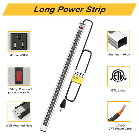 24 Outlet Heavy Duty Power Strip With 10 Ft Extension Cord, ETL Certified Metal Body, showing outlets and features chart