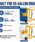Heavy Duty Drum Lifter Cart Cranks Up To 660 Lbs And Tilts For Easy Pouring Of Steel Or Plastic Barrels With Safe One Man Lift Action At The Factory, showing a steel and plastic drum.