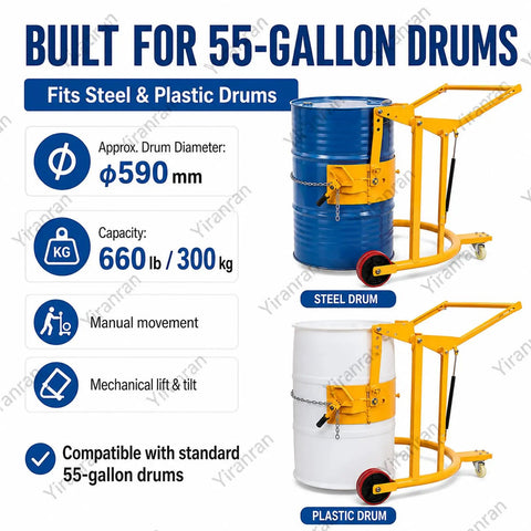 Heavy Duty Drum Lifter Cart Cranks Up To 660 Lbs And Tilts For Easy Pouring Of Steel Or Plastic Barrels With Safe One Man Lift Action At The Factory, showing a steel and plastic drum.