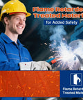 Worker welding with flame-retardant hard hat sweatband; close-up of material detail below; Hard Hat Sweatband Set 3 Pack Washable Liner